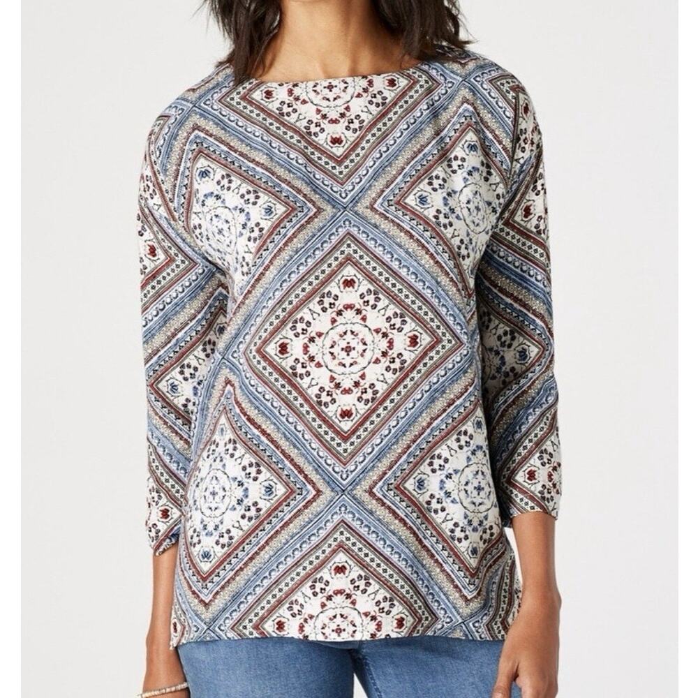 J.Jill Women’s M Diamond Print Blouse 3/4 Sleeve Button Back Lagenlook Top Flowy